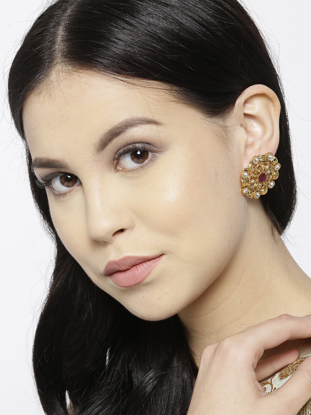 YouBella Red Gold-Plated Textured Circular Oversized Studs